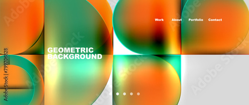 Colorful geometric background featuring circles and squares in shades of amber, orange, and liquid hues. The design resembles a sports equipment or ball
