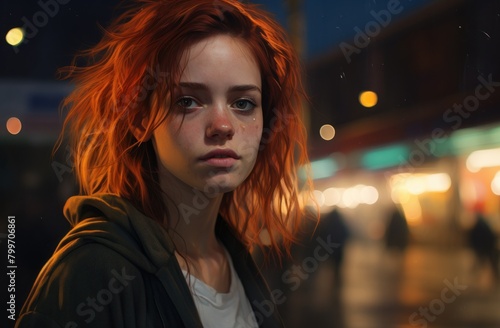 Pensive young woman with vibrant red hair