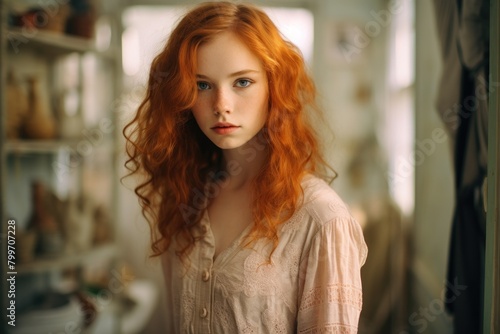 Pensive young woman with vibrant red hair