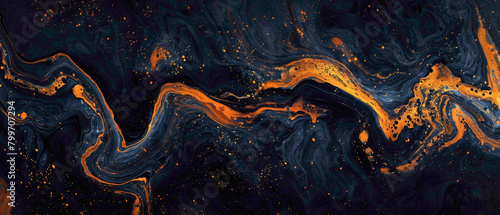 Swirls of tangerine and marigold intertwining with streaks of deep indigo, pnting a mesmerizing tapestry on a backdrop of pure darkness. photo