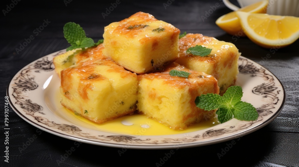 Delicious lemon cake squares with mint garnish Delicious lemon cake squares with mint garnish