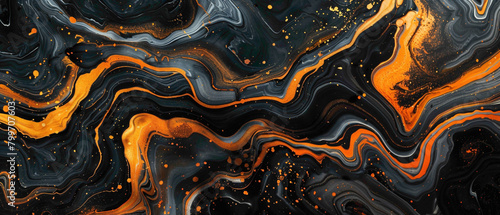 Swirls of tangerine and marigold intertwining with streaks of deep indigo, pnting a mesmerizing tapestry on a backdrop of pure darkness, igniting the imagination. photo