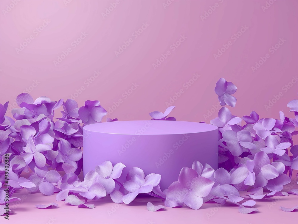 Podium mockup, product display podium, background with flying purple petals, 3d render Podium mockup, product display podium, background with flying purple petals, 3d render