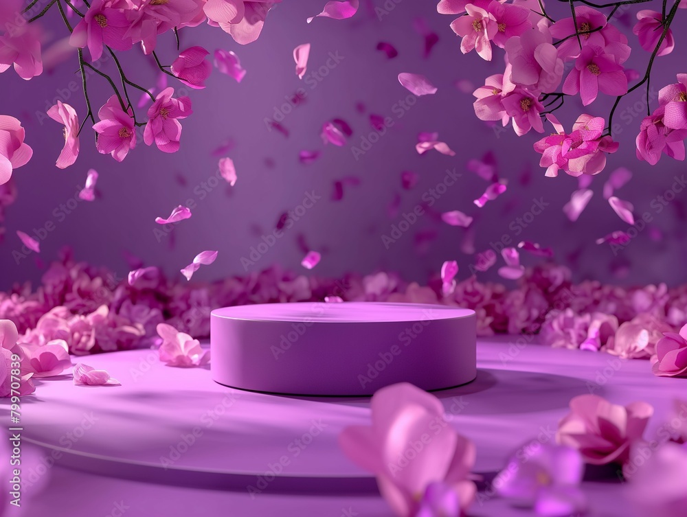 Podium mockup, product display podium, background with flying purple petals, 3d render Podium mockup, product display podium, background with flying purple petals, 3d render