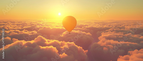 The ethereal sight of a lone yellow balloon drifting through a sea of orange clouds, its bright color contrasting beautifully with the soft, diffused light. photo