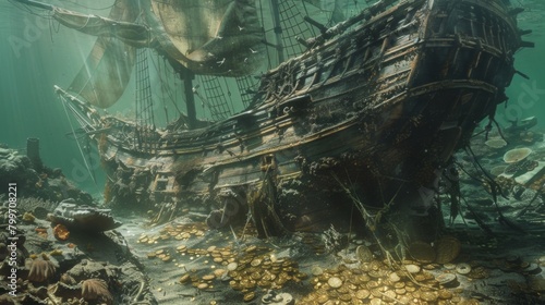 With its hull nearly consumed by coral and algae an old galleon sits on the ocean floor as if frozen in time. Its oncegrand sails . .