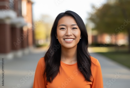 Smiling Asian woman in orange shirt © Balaraw