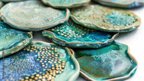 A set of ceramic coasters in various shades of blue and green each one with a unique abstract design and a textured surface for preventing drink slips.. © Justlight