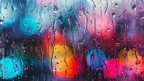 mesmerizing image of rain streaming down a windowpane in abstract patterns, distorting the view outside into a blur of colors and shapes, creating a 