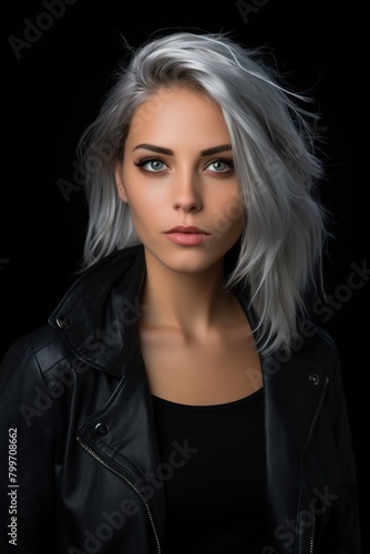Striking portrait of a woman with striking silver hair