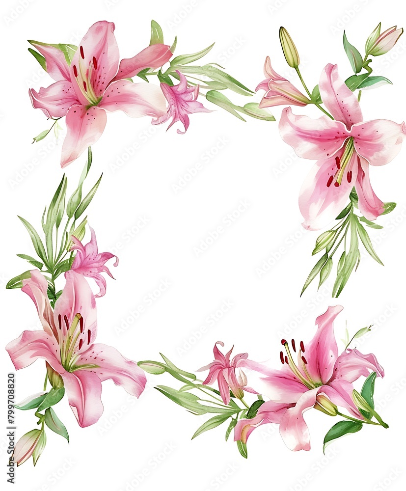 Beautiful vector floral frame with lily flowers and green leaves.