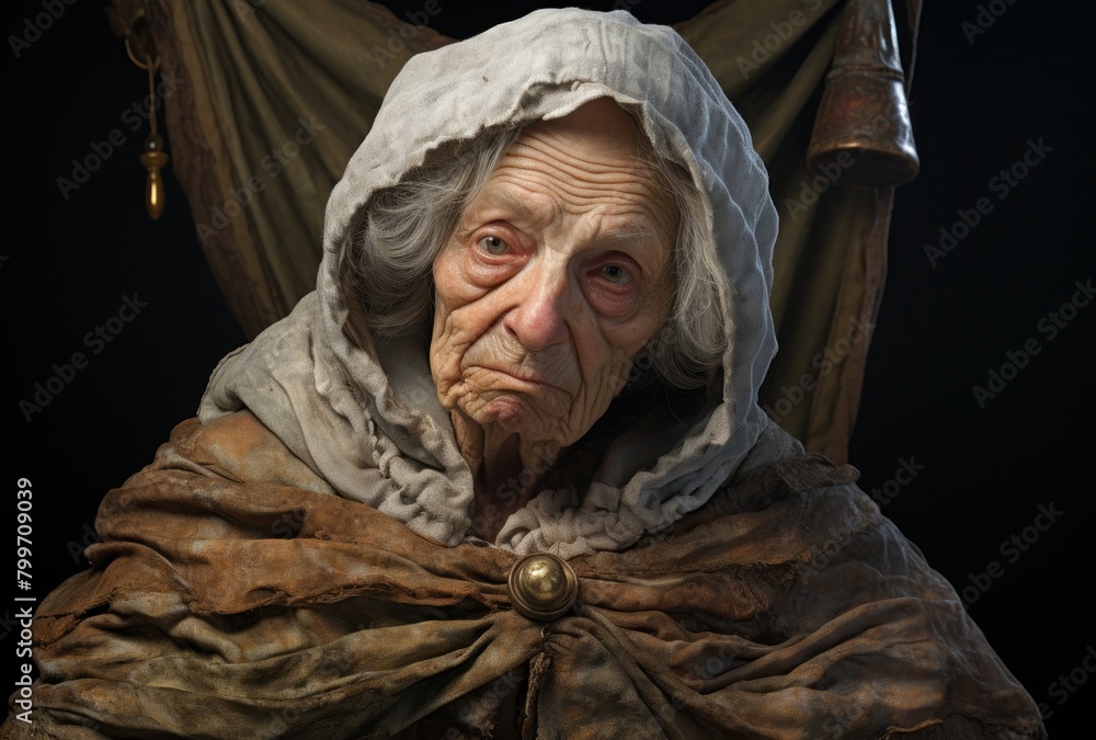 Elderly woman in hooded cloak Elderly woman in hooded cloak