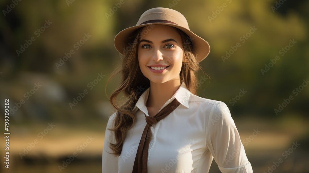 Smiling woman in hat and white shirt