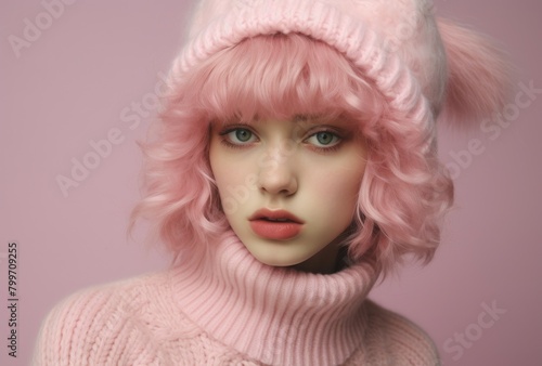 Stylish young woman with pink hair and makeup