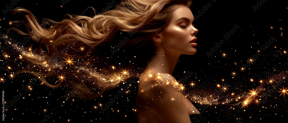 A woman with long hair is surrounded by a stream of gold glitter