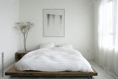 Enter a minimalist bedroom with a platform bed, crisp white linens, and a single piece of artwork hanging above the headboard, Generative AI