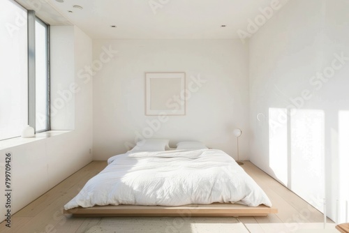 Enter a minimalist bedroom with a platform bed, crisp white linens, and a single piece of artwork hanging above the headboard, Generative AI