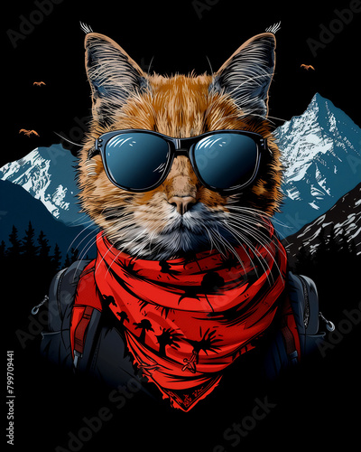 A cat wearing sunglasses and a red bandana