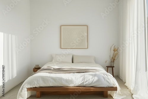 Enter a minimalist bedroom with a platform bed  crisp white linens  and a single piece of artwork hanging above the headboard  Generative AI