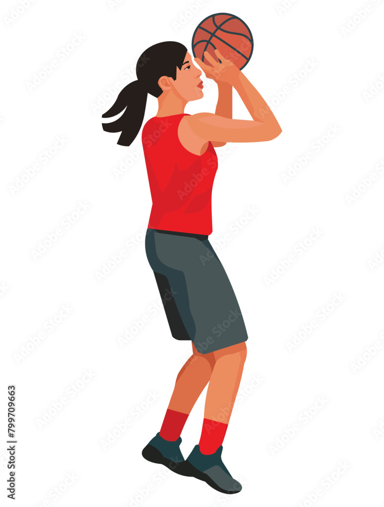 Kazakh women's basketball girl player in a red jersey who jumps and throws the ball with two hands