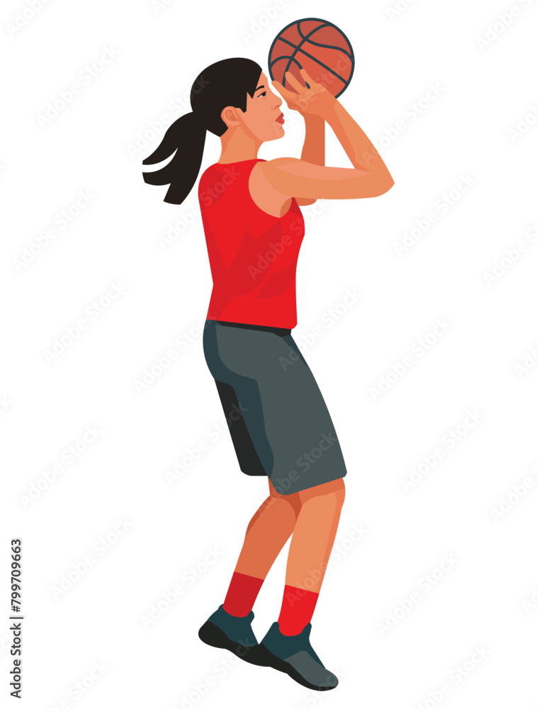 Kazakh women's basketball girl player in a red jersey who jumps and throws the ball with two hands Kazakh women's basketball girl player in a red jersey who jumps and throws the ball with two hands