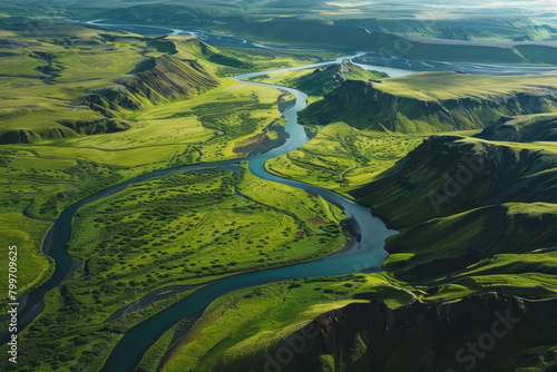 Aerial view of vivid green landscapes with a blur river flowing through the valley © grey