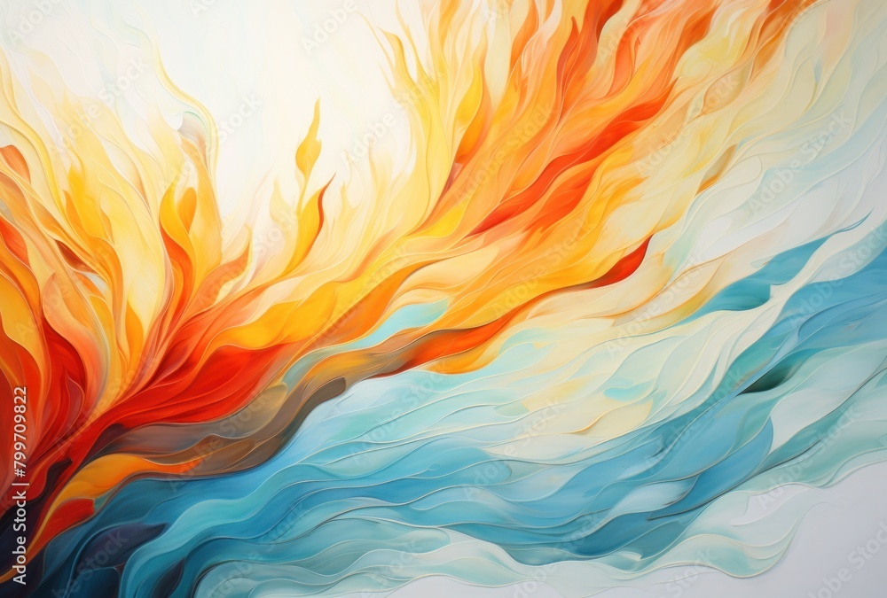Vibrant abstract painting with fiery orange and blue hues
