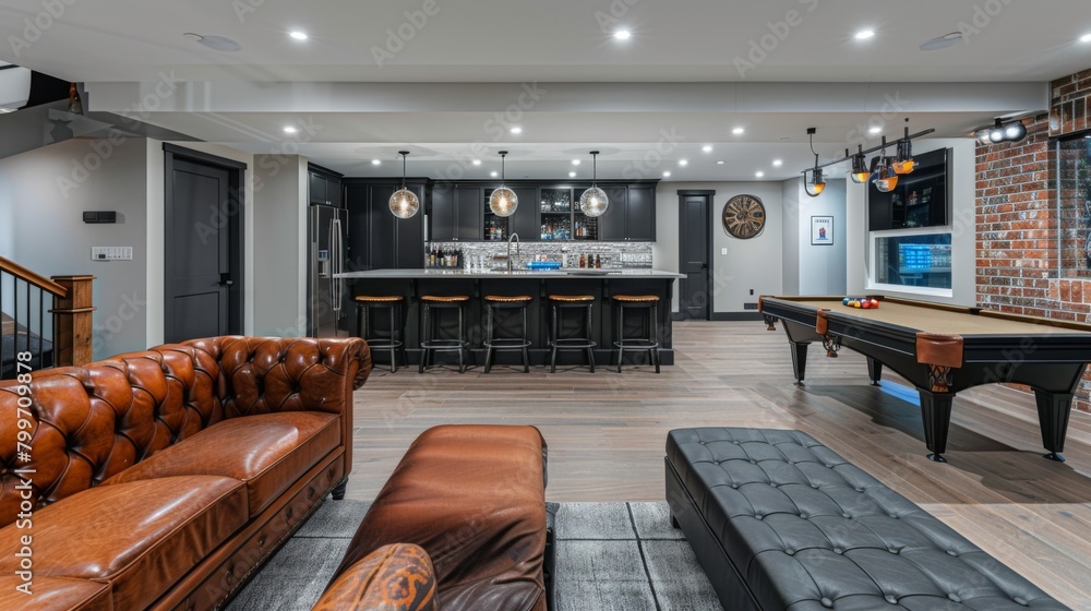 A basement lounge with a home bar, pool table, and leather couches, perfect for entertaining guests and hosting social gatherings.
