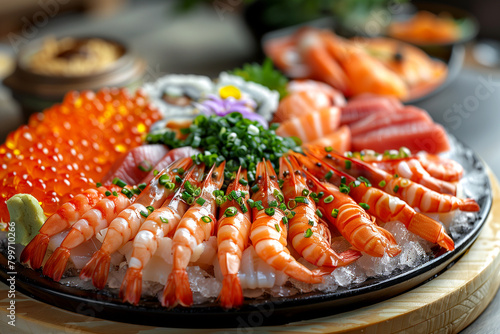 A plate of assorted seafood, including shrimp, scallops, and salmon