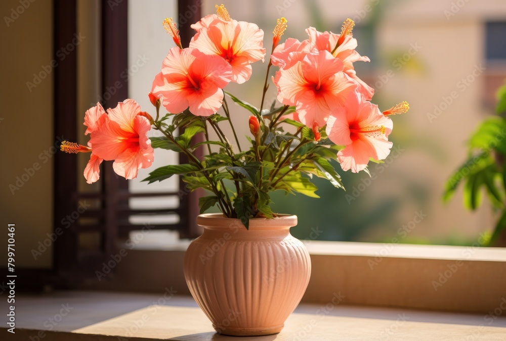 Vibrant Hibiscus Flowers in Rustic Vase Vibrant Hibiscus Flowers in Rustic Vase