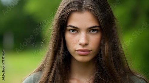 Thoughtful young woman with long dark hair