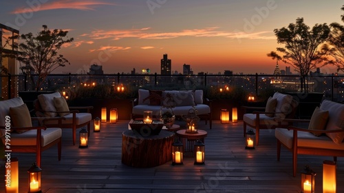 As the sun sets behind the city skyline the rooftop is transformed into a fiery oasis with a sea of candlelit tables and chairs. 2d flat cartoon.