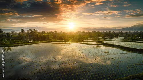 picturesque sunrise over vast expanses of rice fields, with farmers beginning their day's work under the soft morning light, 