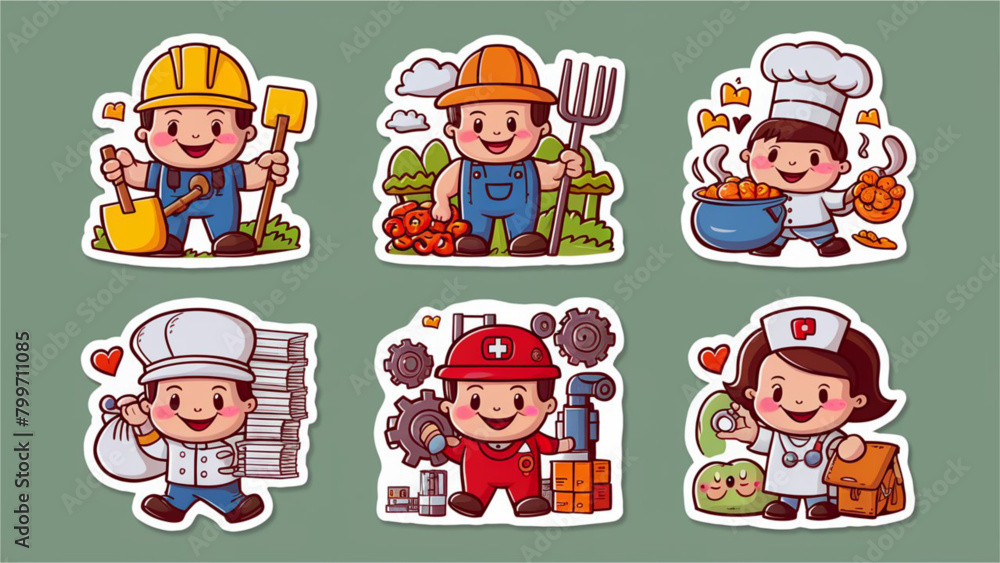 A collection of cartoon labor stickers each featuring a distinct character A collection of cartoon labor stickers each featuring a distinct character