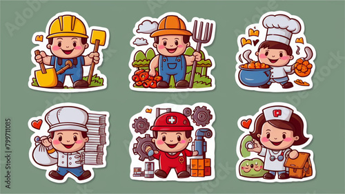A collection of cartoon labor stickers each featuring a distinct character