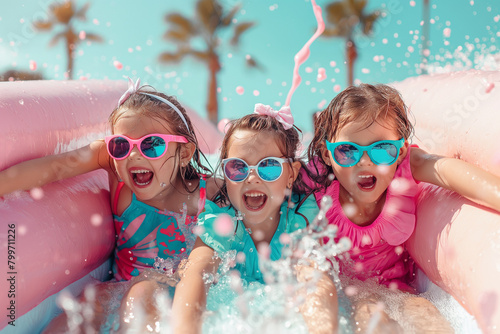 Three young girls are playing in a pool, wearing sunglasses and smiling. Scene is joyful and carefree, as the girls are having fun and enjoying their time together © Artwork Vector
