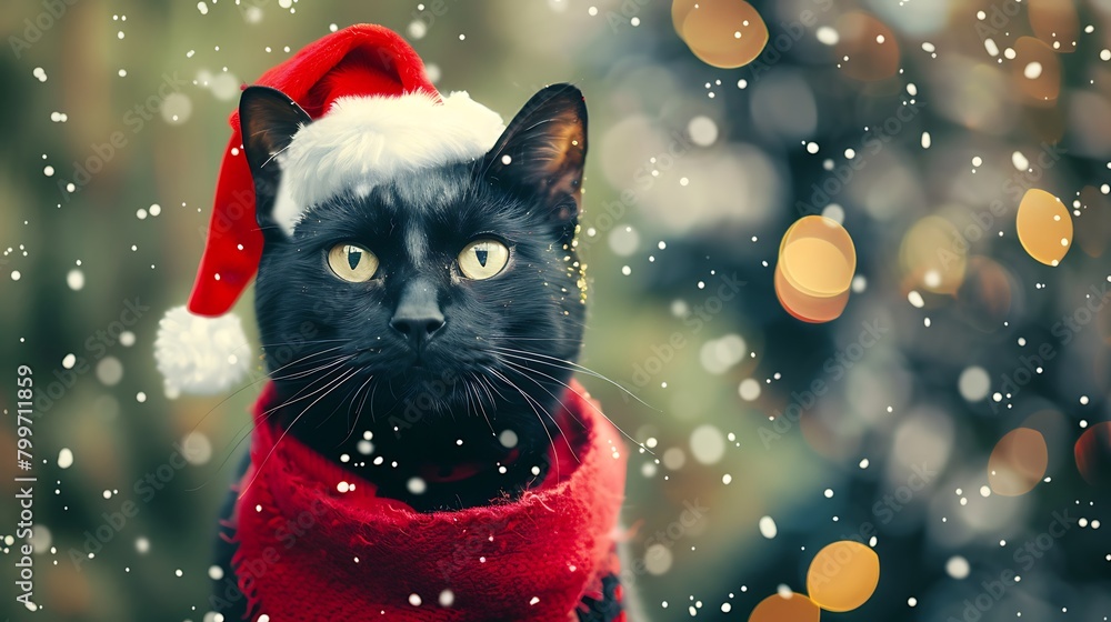 Black cat wears scarf and Santa hat around neck background chrismas