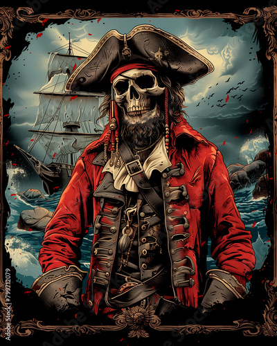A pirate with a skull on his head is standing on a ship