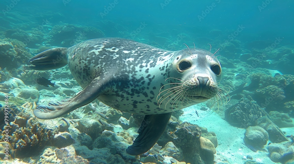 Fototapeta premium A seal swimming gracefully in crystal-clear waters, surrounded by vibrant coral reefs.