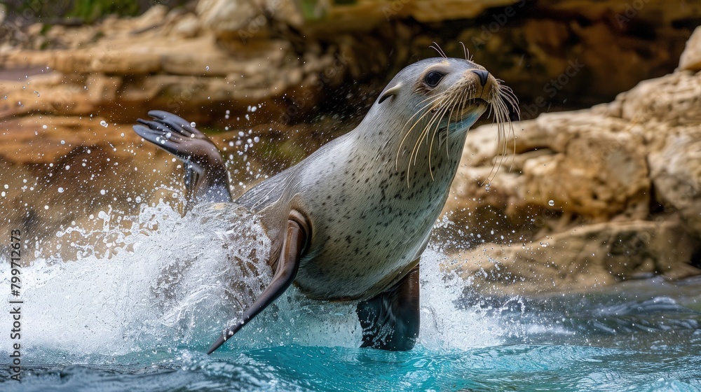 Fototapeta premium A seal playfully flipping and splashing in a pool of water, its joyful antics captured in a lively setting.