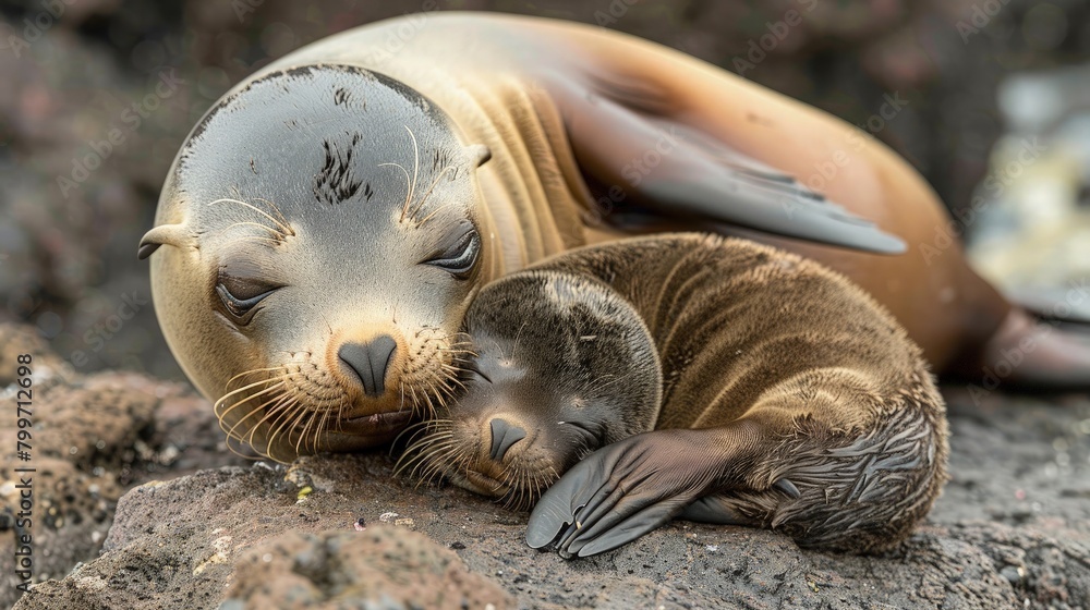A seal snuggled up with its adorable pup on a rocky outcrop, showcasing the tender bond between parent and offspring in the wild. A seal snuggled up with its adorable pup on a rocky outcrop, showcasing the tender bond between parent and offspring in the wild.