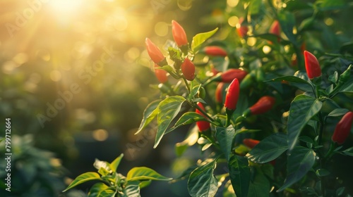 A close-up of a Thai chili pepper plant laden with ripe red peppers, flourishing in a sunny garden.