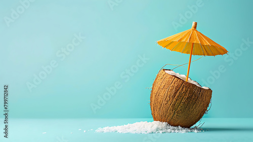 Coconut with a cocktail umbrella on bright blue backgroundsummer vacation sale banner photo