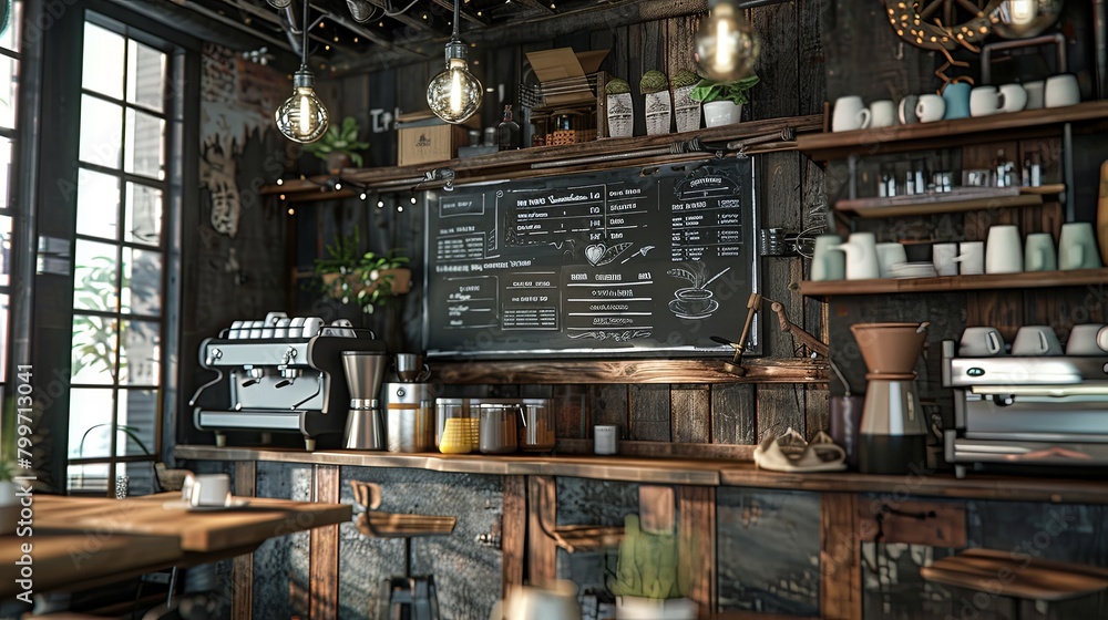 rustic cafe setting with a chalkboard menu featuring various coffee and tea selections, inviting customers to savor the moment.
