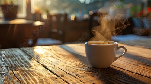 steaming cup of freshly brewed coffee on a rustic wooden table, evoking the aroma and warmth of a morning ritual.