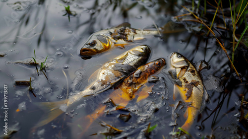 Fish dead killed from polluted water in lake pond.