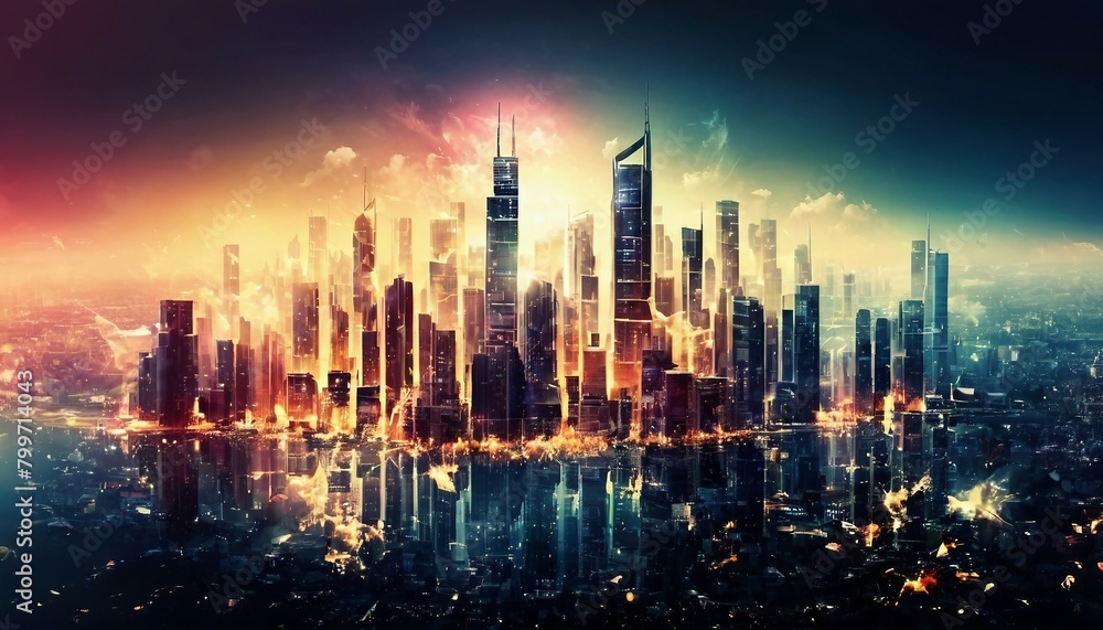Fototapeta premium Abstract cityscape background with skyscrapers and urban elements. 