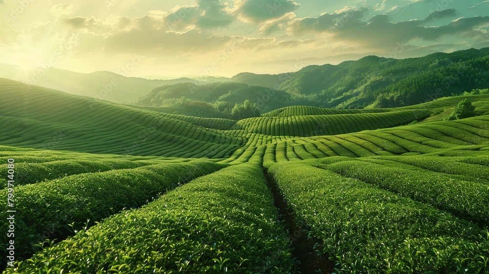 vibrant green tea field stretching to the horizon, bathed in sunlight and ready for harvest, symbolizing the beauty of nature's bounty.
