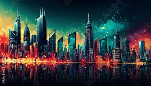 Abstract cityscape background with skyscrapers and urban elements. 