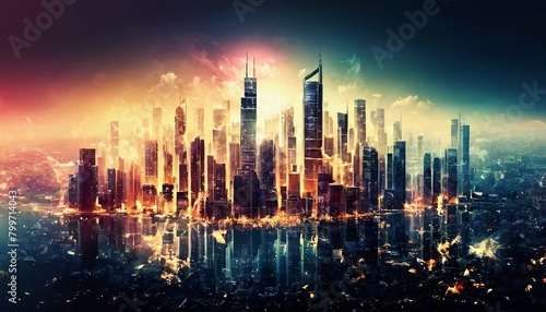 Abstract cityscape background with skyscrapers and urban elements. 